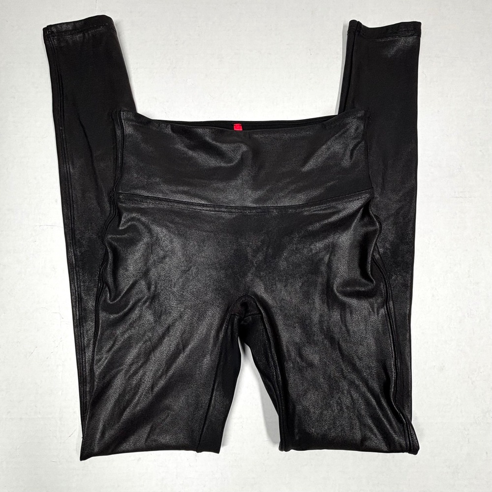 Spanx Black Faux Leather Leggings Small High Waist Shiny‎ Stretch Athleisure EUC